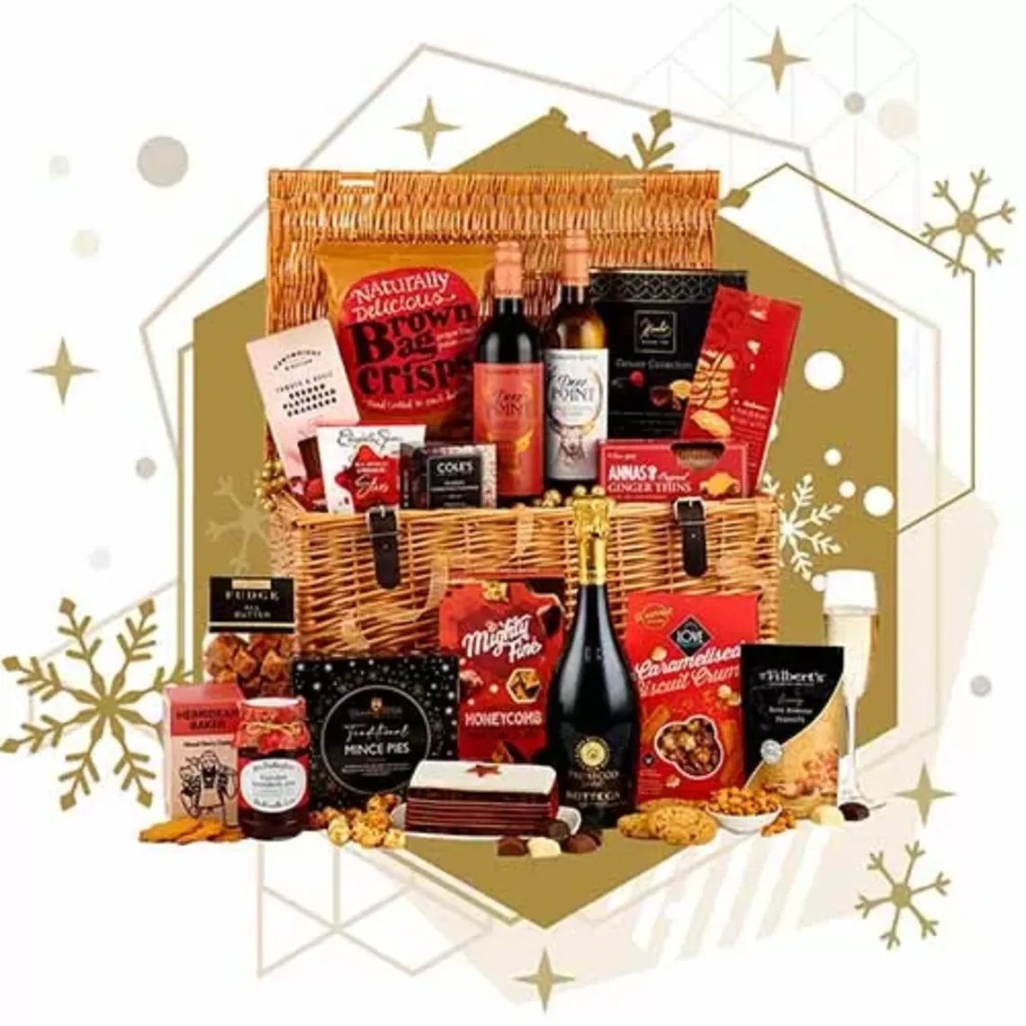 Luxury hamper of distinction from Makehampers, featuring wine, crisps, biscuits and artisan treats with free UK delivery.